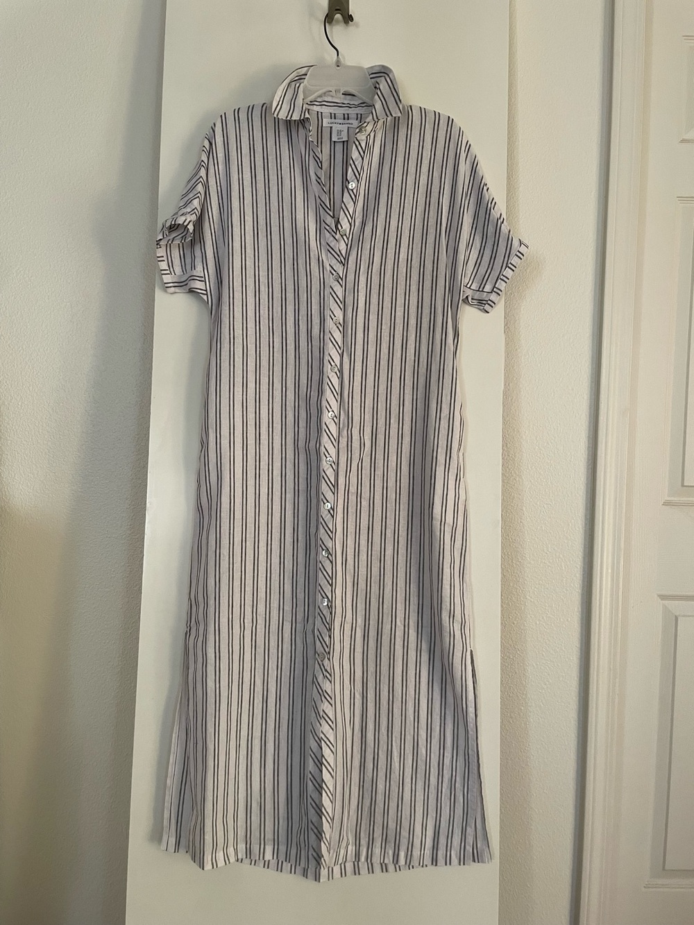 XS Lucky Brand Linen Blend Midi Shirt Dress Button Up White Grey Pinstripes NWOT